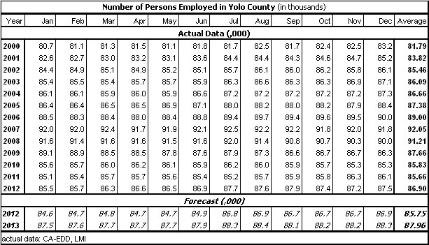 table, Number of Persons Employed, 2000-2013